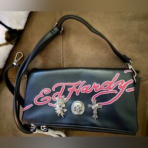 Ed Hardy Black Vegan Leather Crossbody Clutch Shoulder Bag NWT